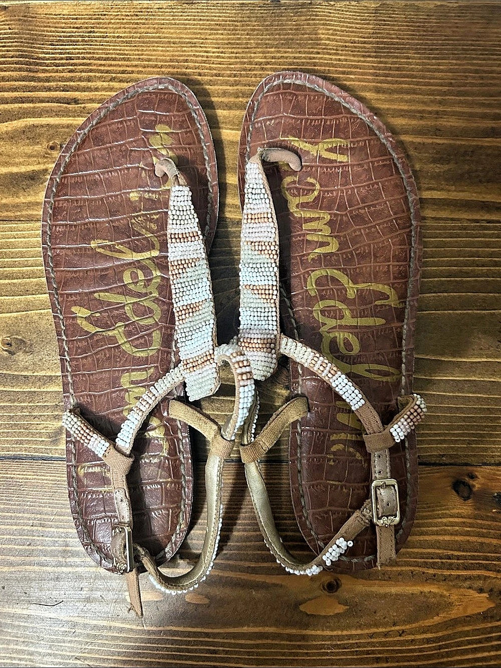 Sole Society Beaded Strappy Sandals in Brown & White, size 7